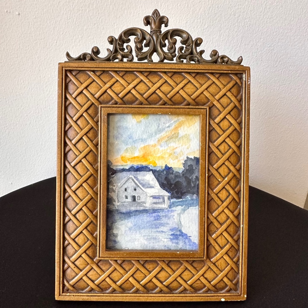 Original Watercolor Landscape Painting – Cottage by Lake in Vintage Ornate Frame